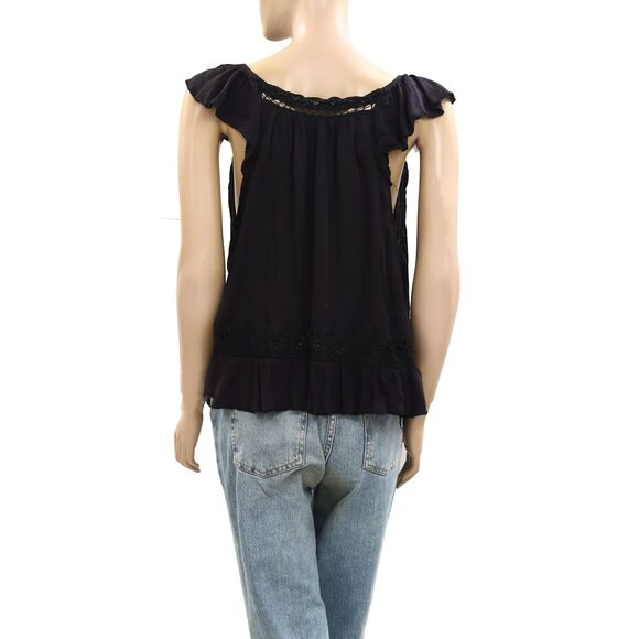 Free People Sensual Cassidy Cutwork Blouse Tank Top Embroidered Black L 283343 - Picture 6 of 8